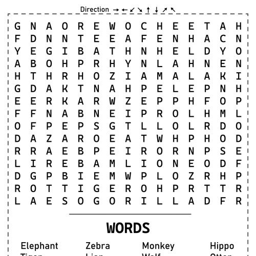 Exciting,And,Challenging,15x15,Animal,Word,Search,Puzzle,Featuring,Mammals